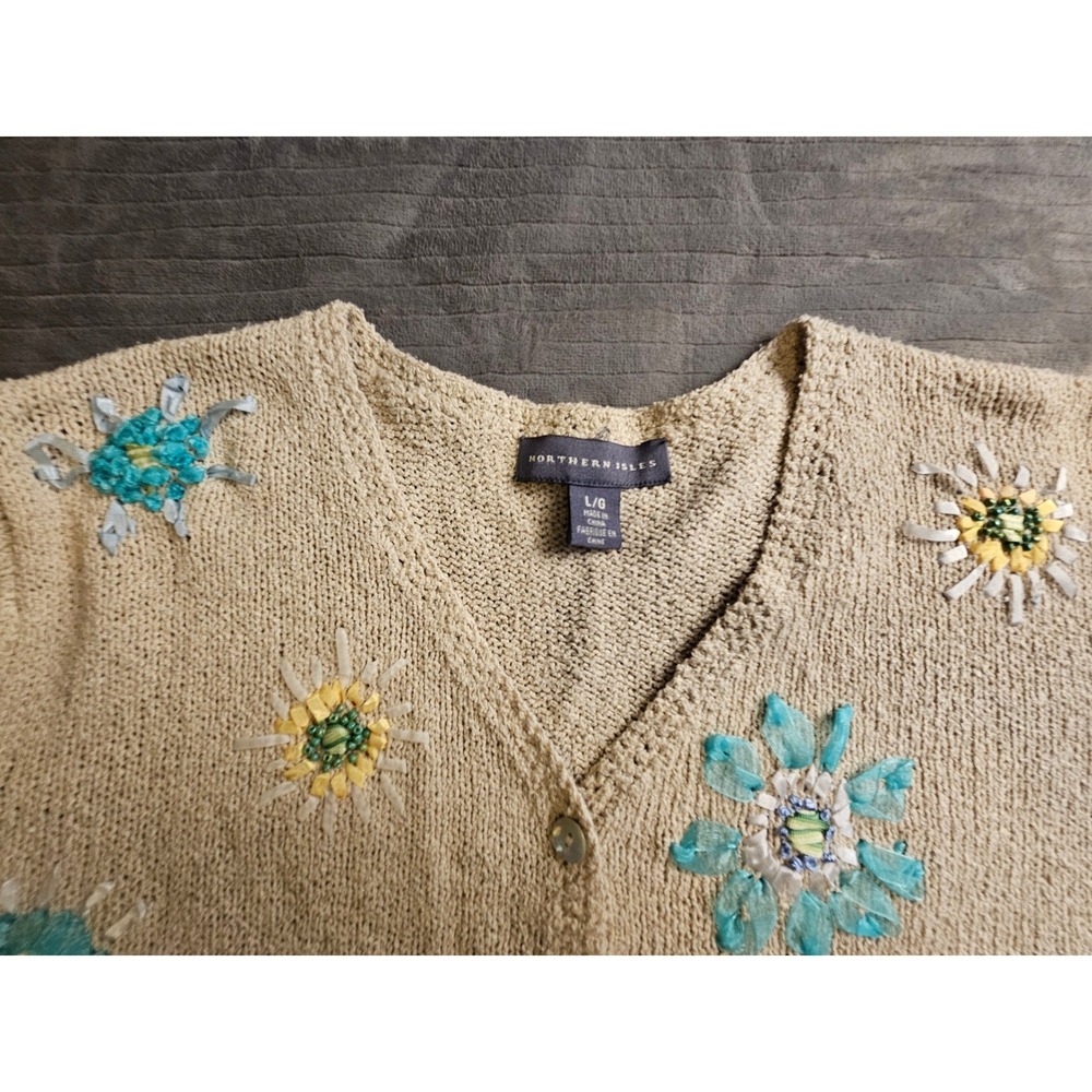 Northern Isles Silk Linen Floral Ribbon Embroidered Cardigan Beige Large